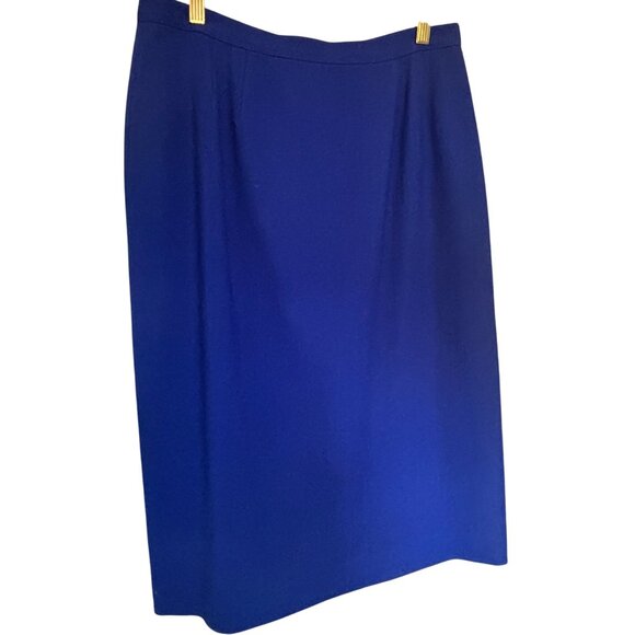 Vintage Blue Wool 98% Pencil Skirt Back Slit Lined Size 12 Academia Professional - Picture 1 of 9